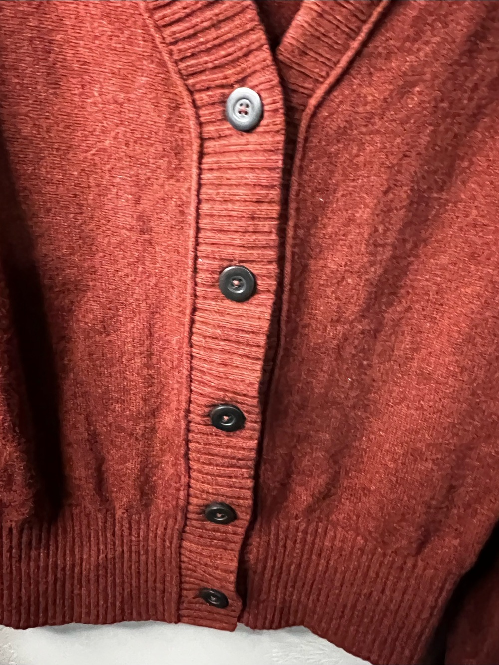 Everlane ReCashmere Wool Rust Red Varsity V Neck Button Front Cardigan Sweater - Picture 4 of 7